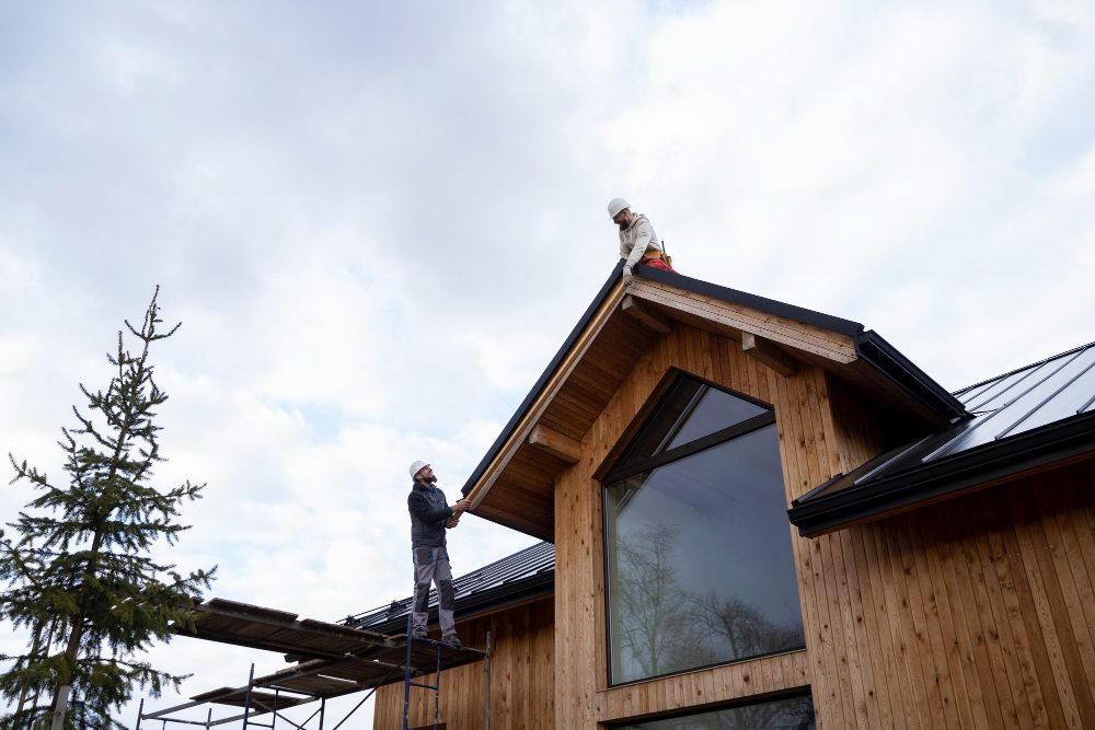 hommes travaillant ensemble sur le toit